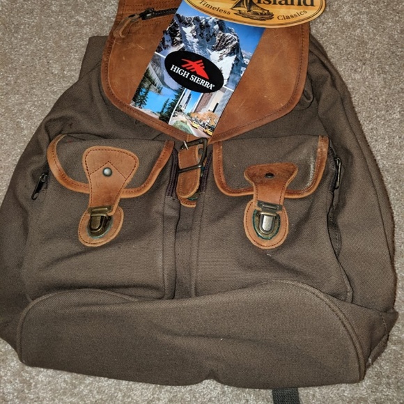 HIGH SIERRA Tan Canvas and Brown Leather Backpack Rucksack Hiking Custom | Limited Discount | 25L-45L | Camping Backpack  main image 3